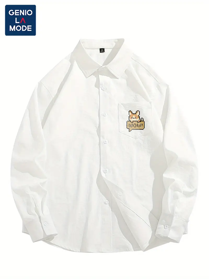 قميص طويل الأكمام مطبوع عليه كلب كيرج من جينيو لامود، قميص فضفاض غير رسمي من الألياف القابلة للتنفس، بوليستر منسوج 100%، لون صلب، ياقة على شكل طية، تفاصيل الأزرار، ملابس كاجوال للكبار في نهاية الأسبوع