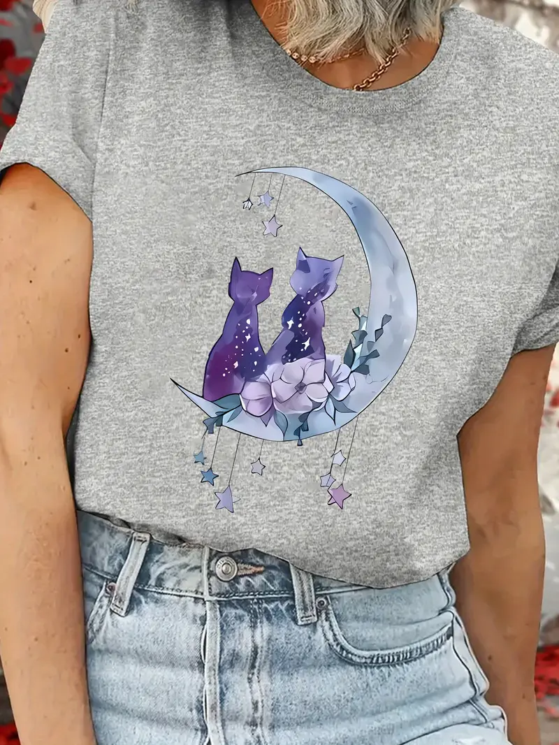تيشيرت نسائي أسود برسمة قمر رمضان وقطط - مطاطي، قابل للتنفس، خليط بوليستر-سباندكس، أكمام قصيرة، ياقة دائرية - قميص رياضي كاجوال بتصميم زهور ملونة
