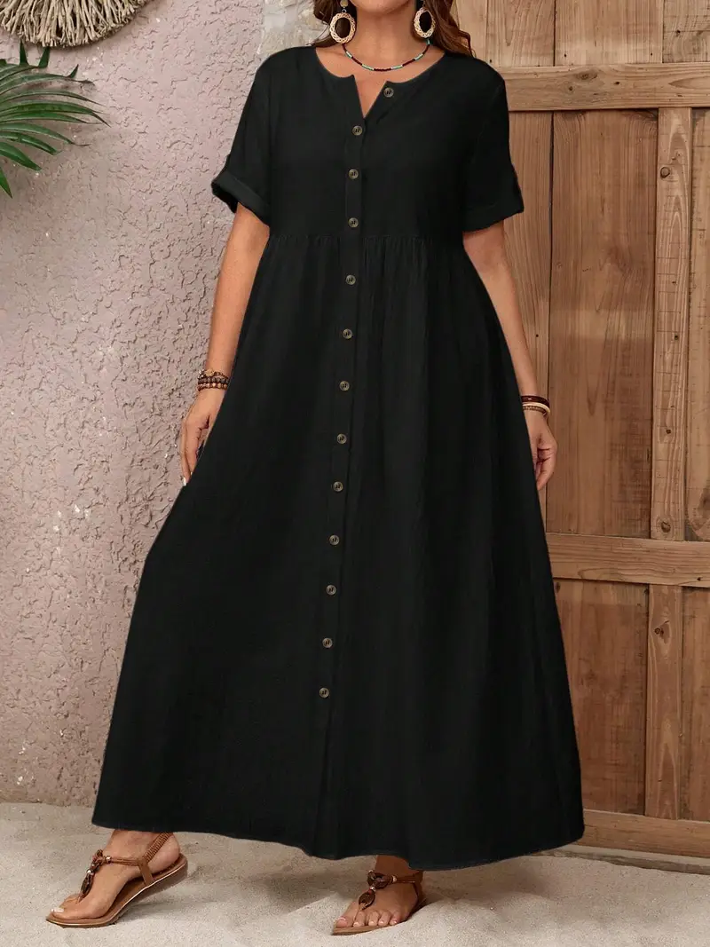 فستان نسائي غير رسمي بمقاس كبير، بوليستر 100% سادة، ياقة طاقم، أكمام قصيرة، فستان طويل مع جيوب لفصل الربيع/الصيف/الخريف - نسيج منسوج غير قابل للتمدد، 160 جرام/متر مربع