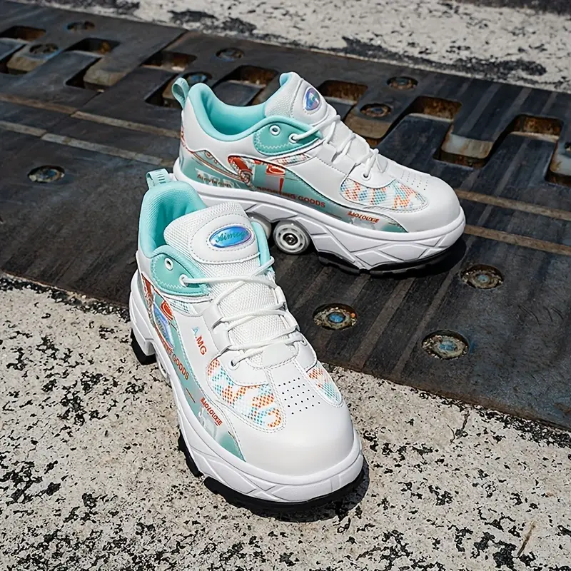 أحذية تزلج رولر عصرية للأطفال مع أحزمة قابلة للتعديل - تصميم مريح بـ4 عجلات، لون أبيض وفضي، نمط مخطط، مثالية للارتداء اليومي، التدريب، والمرح في الهواء الطلق، أحذية تزلج رولر عادية | أحذية بأسلوب الشارع | نعل متوسط المتانة