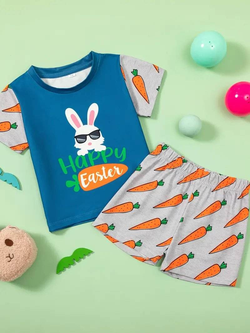 طقم ملابس عيد الفصح للأولاد 2 قطعة، قماش بوليستر غير رسمي، تي شيرت بألوان متعددة مع طباعة أرنب كرتوني وشورت جزر، ملاءمة عادية، مجموعة ربيع/صيف، للخارج