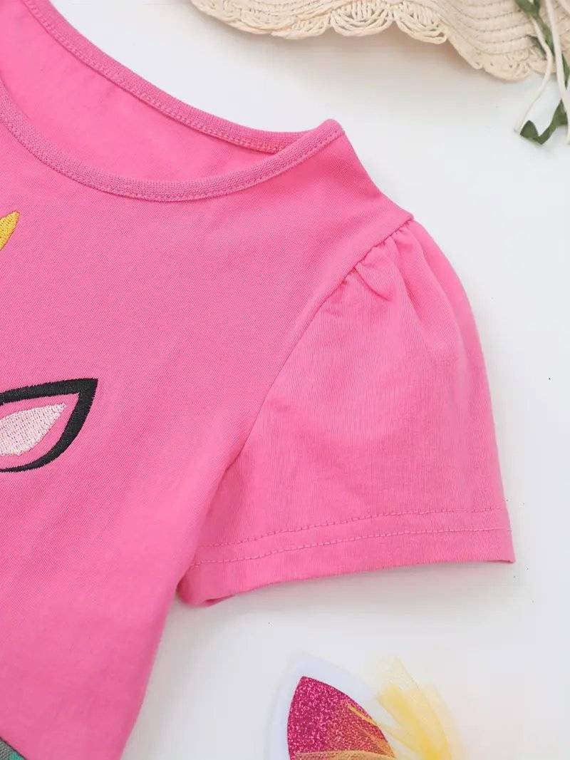 فستان صيفي قطن للبنات مزين بتطريز وحيد القرن وتنورة تول قوس قزح - الصورة 4