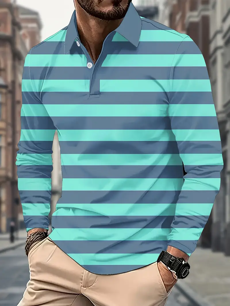 قميص بولو كلاسيكي مخطط للرجال، طباعة رقمية ثلاثية الأبعاد، نمط نمط قديم، ياقة غير رسمية، أكمام طويلة، نسيج محبوك لجميع الفصول، مقاس عادي، تمديد خفيف، تفاصيل الأزرار، بوليستر 100%، 180 جرام/م² - ملابس للعمل والمنزل
