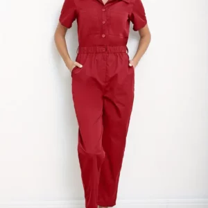 jumpsuit أحمر كاجوال للنساء مع جيوب …