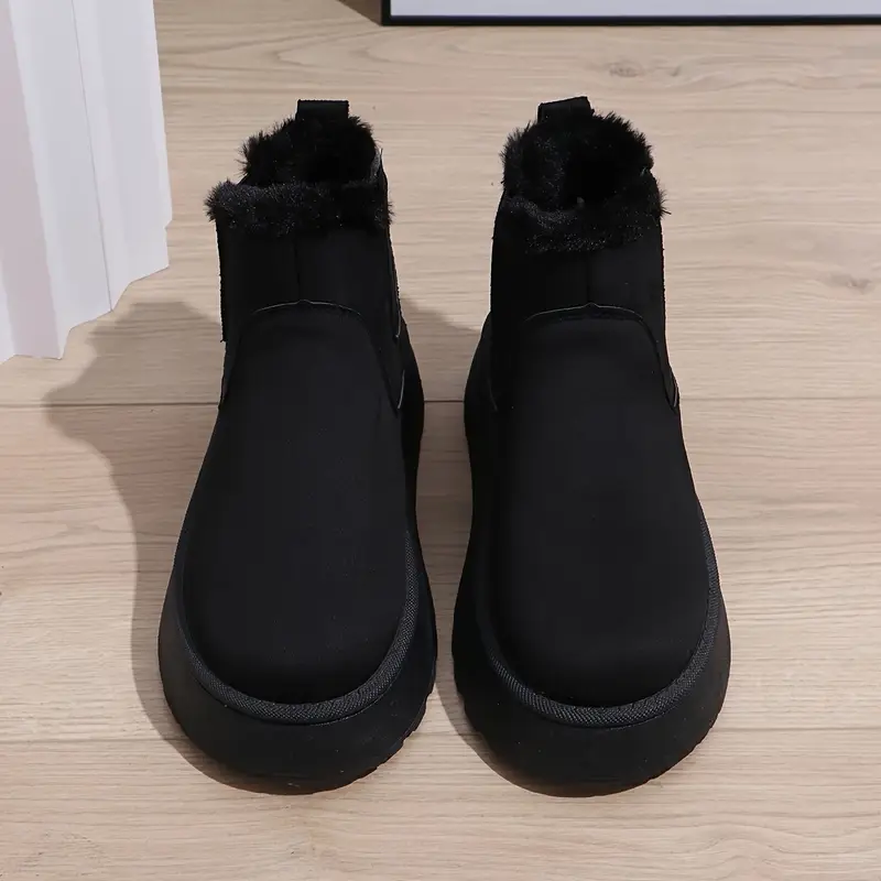 أحذية نسائية دافئة بدون رباط للكاحل - مبطنة بالفليس، نعل مطاطي سميك، أحذية شتوية قصيرة باللون الأسود - سهلة الارتداء، كعب منخفض، أحذية عصرية بلون سادة، أحذية كاوجيرل