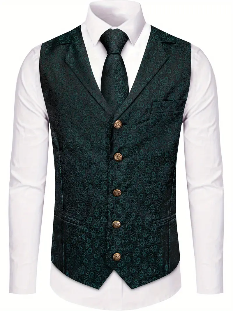 سترة خصر من الجاكار البانسي للرجال مع عقدة، حنكة وربطات أكمام - سترة بدون أكمام من البوليستر 100% للزفاف/الحفلات، موسم الربيع/الخريف، مقاس عادي، نسيج منسوج، تفاصيل الأزرار