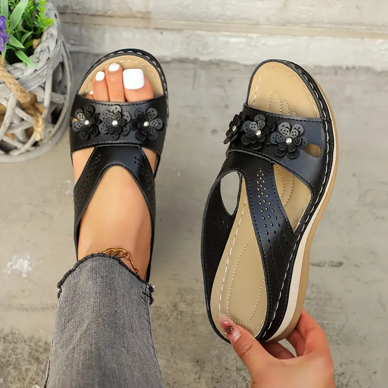 صنادل نسائية بطبعة زهور على الكعب المتوسط، حذاء صيفي سهل الارتداء مفتوح من الأمام بحزام الكاحل، جزء علوي داخلي من المادة الاصطناعية، نعل من البولي يوريثين، نمط أوروبي/أمريكي