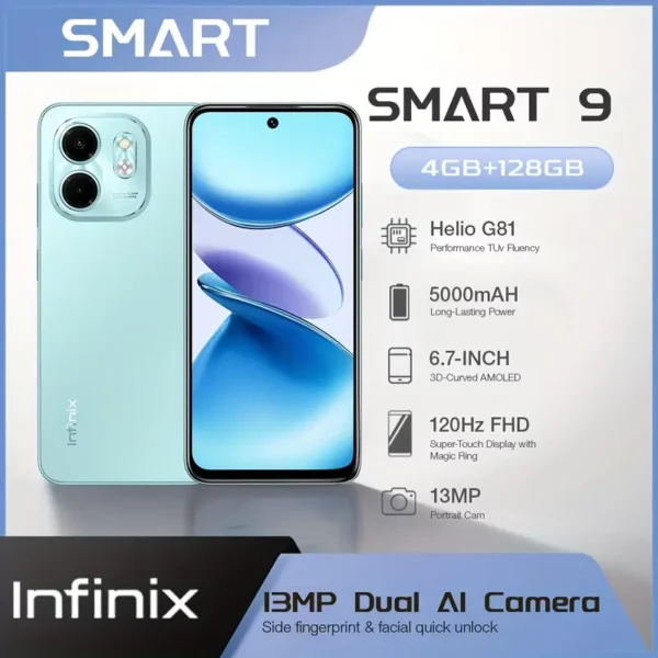 Infinix Smart 9 ثنائي SIM 128GB أخضر (4GB RAM) 120Hz شاشة 17.02سم MediaTek Helio G81 5000mAh XOS 14.0 - الإصدار العالمي
