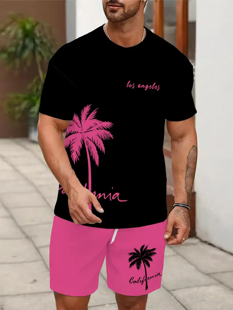 بدلة رياضية صيفية كاجوال للرجال، تيشيرت بياقة دائرية مطبوعة ثلاثية الأبعاد وشورت، قماش محبوك مرن قليلاً، خليط من ألياف البوليستر والسباندكس، ملابس خارجية كاجوال قابلة للتنفس