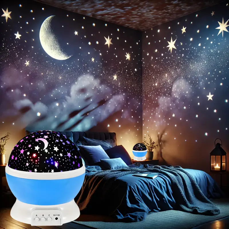 مصباح عرض النجوم LED بتصميم دوار 360°، مزود بتصميم النجوم والقمر، يعمل بالطاقة عبر USB، إضاءة طاولة مع تحكم بزر ضغط، ديكور رومانسي لغرفة النوم/المكتب، لا يحتاج إلى بطارية