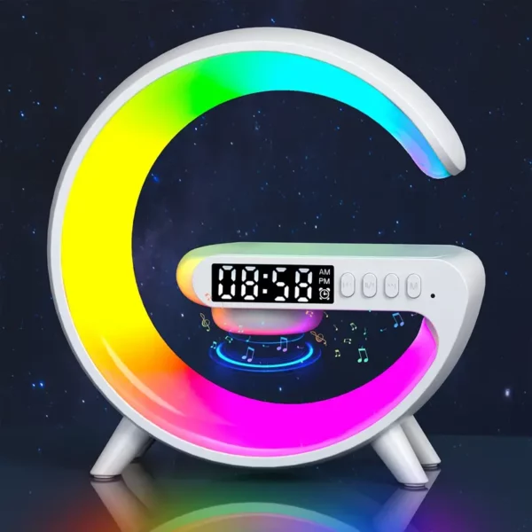 مكبرات صوت بلوتوث لاسلكية مع شحن سريع لاسلكي، إضاءة RGB متزامنة، ضوء ذكي على شكل شريط، ساعة منبه شروق الشمس، ضوء استيقاظ لغرف النوم، مصباح طاولة قابل للتعتيم