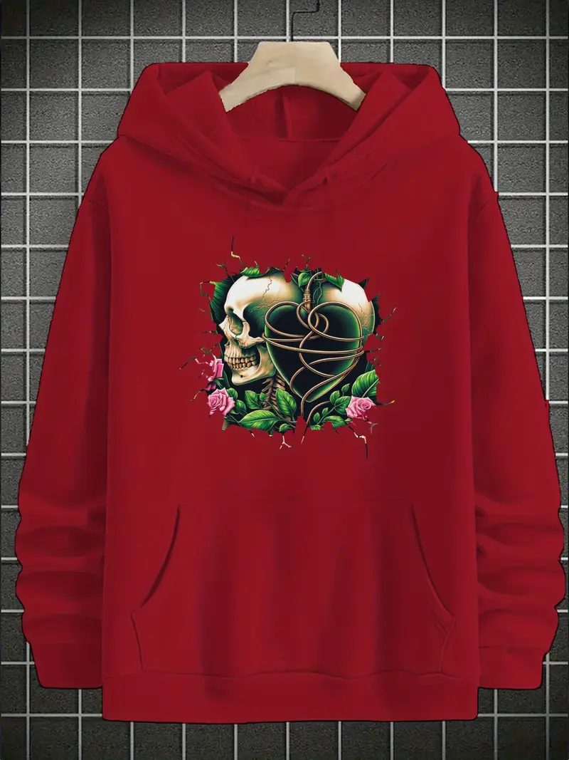 هودي رجالي بطباعة 'رأس هيكل عظمي أخضر'، أنيق وعصري بأكمام طويلة، مقاس عادي، مناسب لفصول الربيع والخريف، عيد الحب