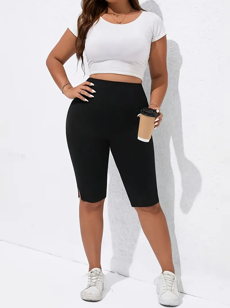 شورت برمودا أسود أنيق بحجم كبير مع فتحة جانبية، منسوج بتصميم كاجوال من البوليستر والسباندكس، ملون متوسط التمدد لجميع الفصول