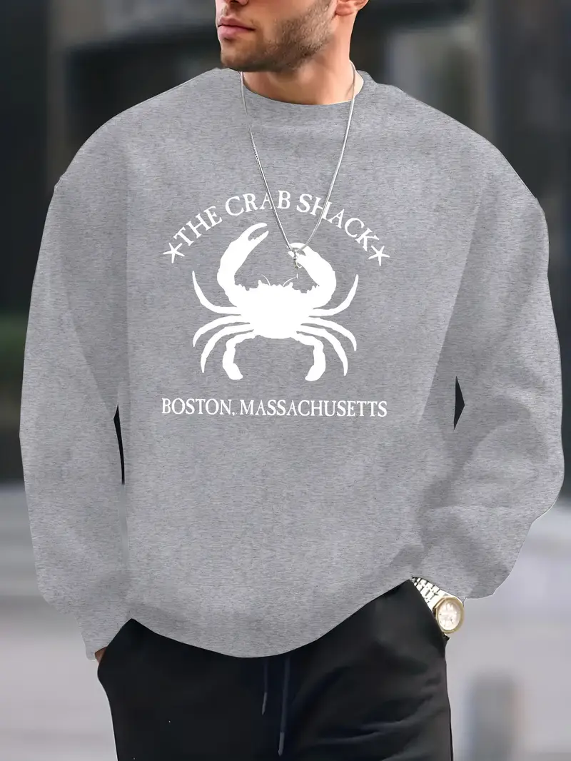 سويتشيرت رجالي بأسلوب الشارع الكاجوال برقبة دائرية - "THE CRAB SHACK" بوسطن ماساتشوستس، أسود بطباعة بيضاء، 250g/㎡ بوليستر محبوك، ياقة دائرية، غسيل يدوي فقط