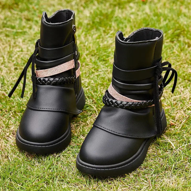 أحذية سوداء بتصميم كلاسيكي للأولاد والبنات - عالية القامة مع فيونكة، بسحاب، نعل EVA/مطاط، مقاومة للتآكل، مثالية للارتداء اليومي في الخريف/الشتاء