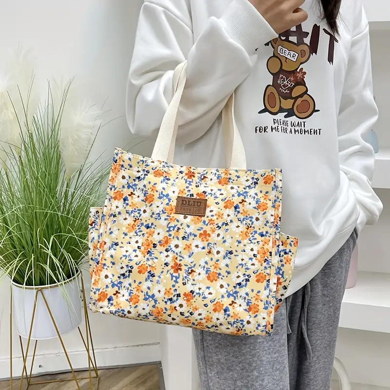 حقيبة حمل برسومات الأزهار، وحقيبة غداء نايلون عصرية، وحقيبة يد نسائية كاجوال وحقيبة بينتو