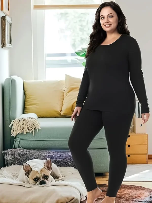 طقم نسائي للخريف والشتاء 1XL-5XL من المخمل السميك بلون سادة بخصر عالٍ مطاطي للرياضة الخارجية والترفيه المنزلي مكون من قطعتين بنطلون طويل وأكمام طويلة