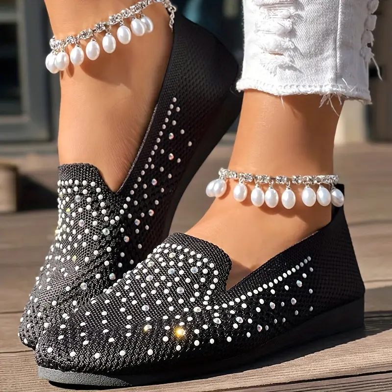 أحذية نسائية مسطحة محبوكة مزينة بالراين، سهلة الارتداء بأصابع مغلقة، أحذية كاجوال بجزء علوي من القماش، داخلي وطبقة داخلية، نعل مطاطي - أحذية مريحة لجميع الفصول، أحذية سيدات