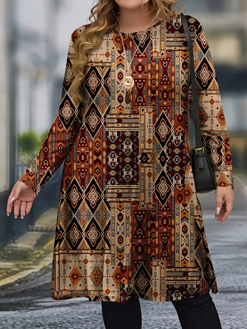 فستان تونيك بتصميم هندسي بحجم كبير - رقبة دائرية، أكمام طويلة، بوليستر محبوك مع قدرة خفيفة على التمدد، نمط عطلة غير رسمي لجميع الفصول