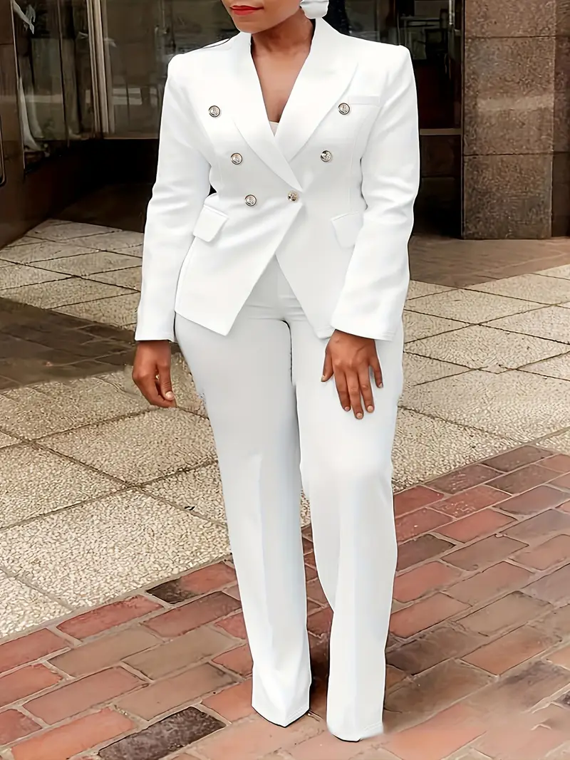 طقم بليزر وبنطلون نسائي أنيق بخصر عالٍ - لون سادة، مزدوج الصدر، أكمام طويلة، خليط بوليستر/سباندكس، قابل للغسل في الغسالة - ملابس أنيقة للمكتب والتنقل