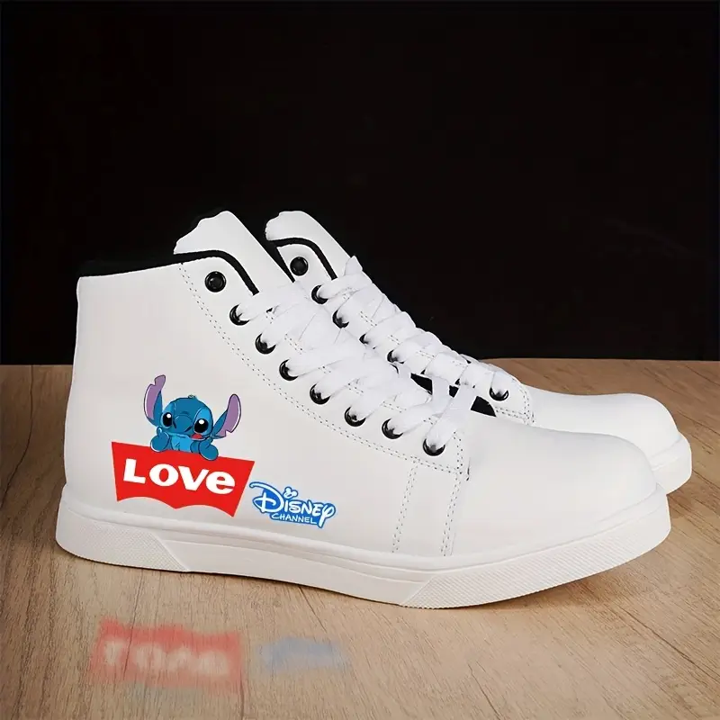حذاء سنيكرز عالي القامة بطبعة كرتونية ستيتش - أحذية كاجوال ورياضية بتصميم "LOVE"، مريحة برباط، مقدمة دائرية، نعل EVA، جزء علوي صناعي، بطانة قماشية، مثالية للملابس الكاجوال، المقاسات 5-12 (الولايات المتحدة)، سنيكرز | سنيكرز بثيمات | أحذية صناعية