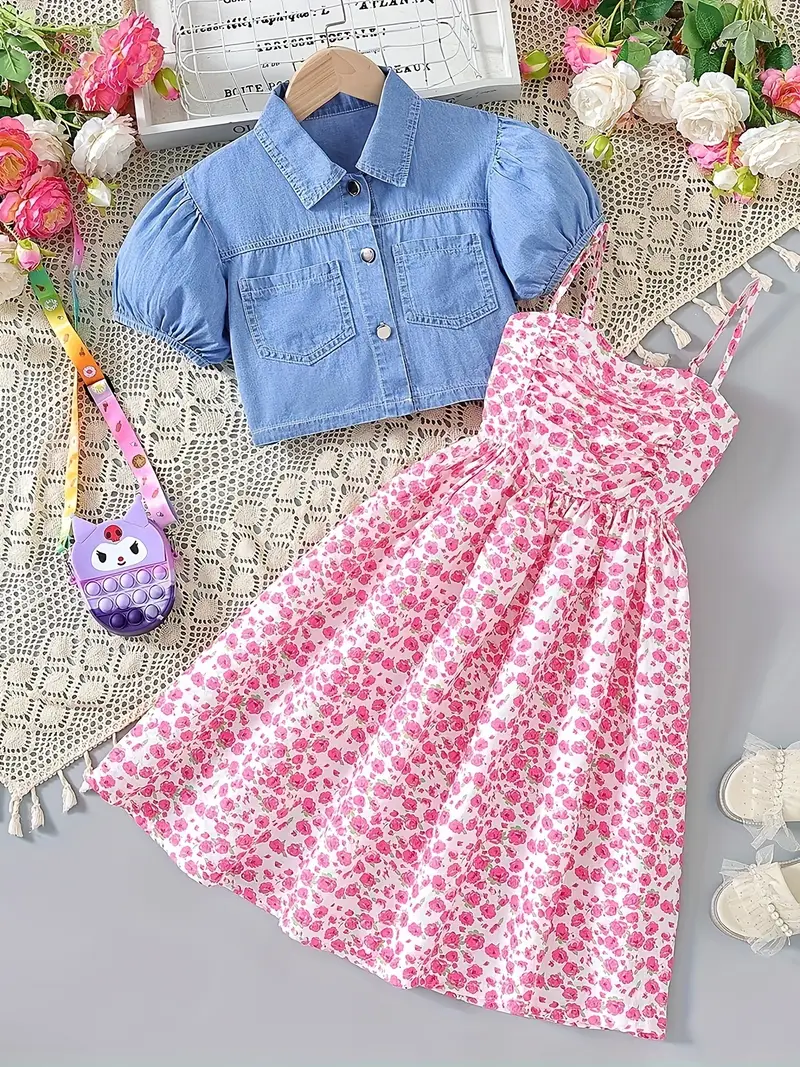 بنات 2 قطعة نفخة كم الدنيم أعلى + فستان كامي زهرة طقم لطيف وتدفق صالح الصيف خارج المنزل الزي