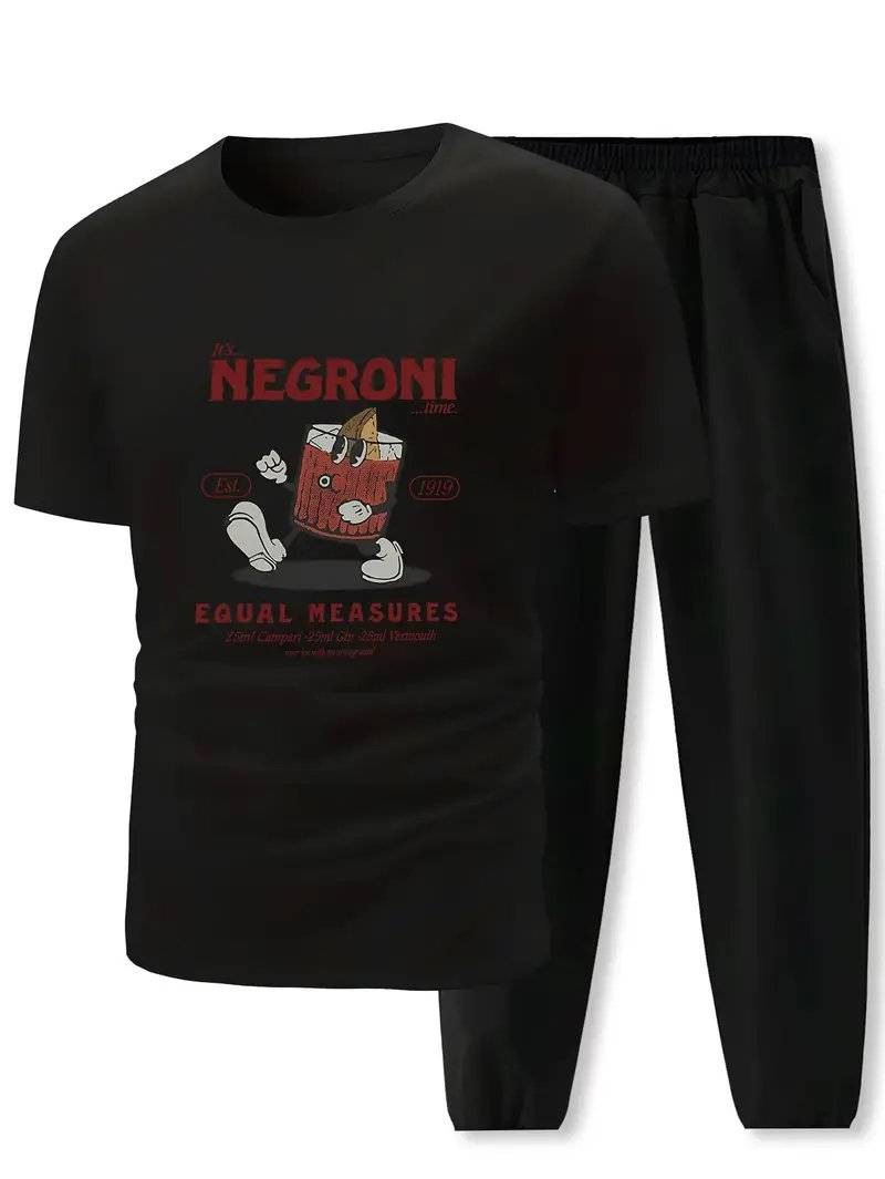 مجموعة رياضية كاجوال للرجال، 2 قطعة من تي شيرت وسراويل محبوكة برقبة دائرية، نمط هندسي، بوليستر 95% مع 5% من الإلستان، مقاس عادي، مجموعة ربيع/صيف، مريحة للأنشطة اليومية والأنشطة الخارجية، للخارج