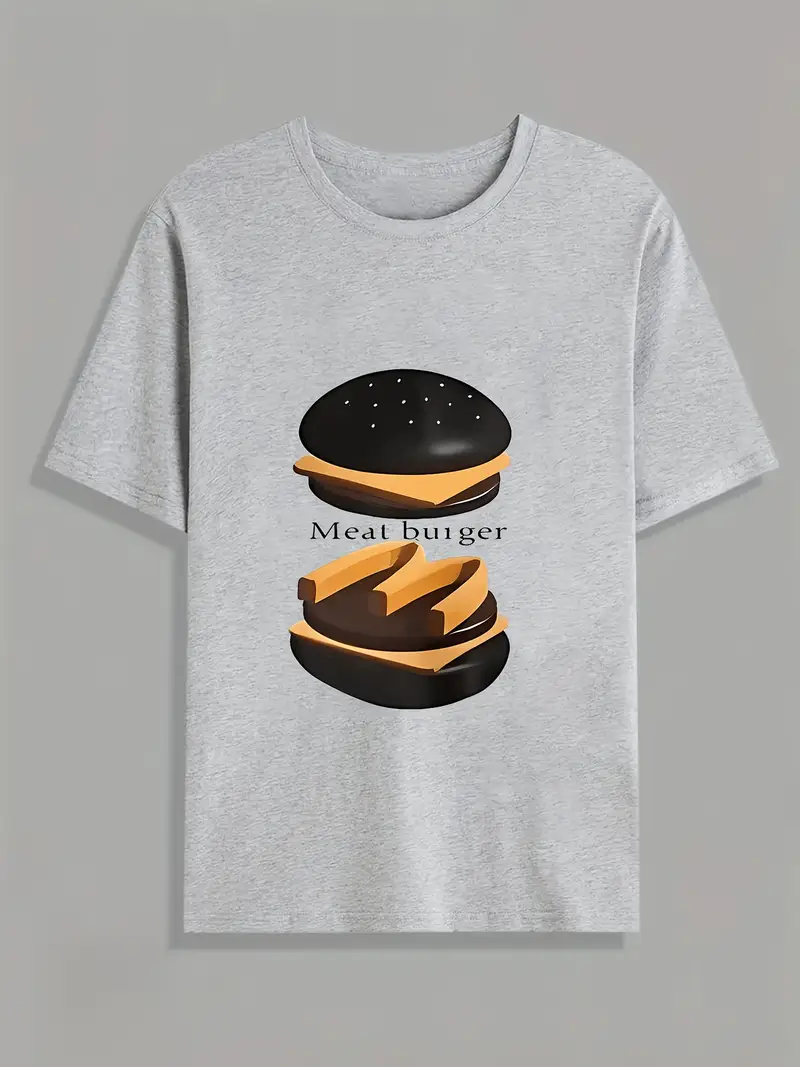 تي شيرت كاجوال غير محدد الجنس بياقة دائرية مع طباعة برجر، قميص صيفي من البوليستر المحبوك، مقاس عادي مع مرونة خفيفة، تفاصيل تطريز، وزن القماش 180 جرام/م² - أنيق ومريح للاستخدام اليومي