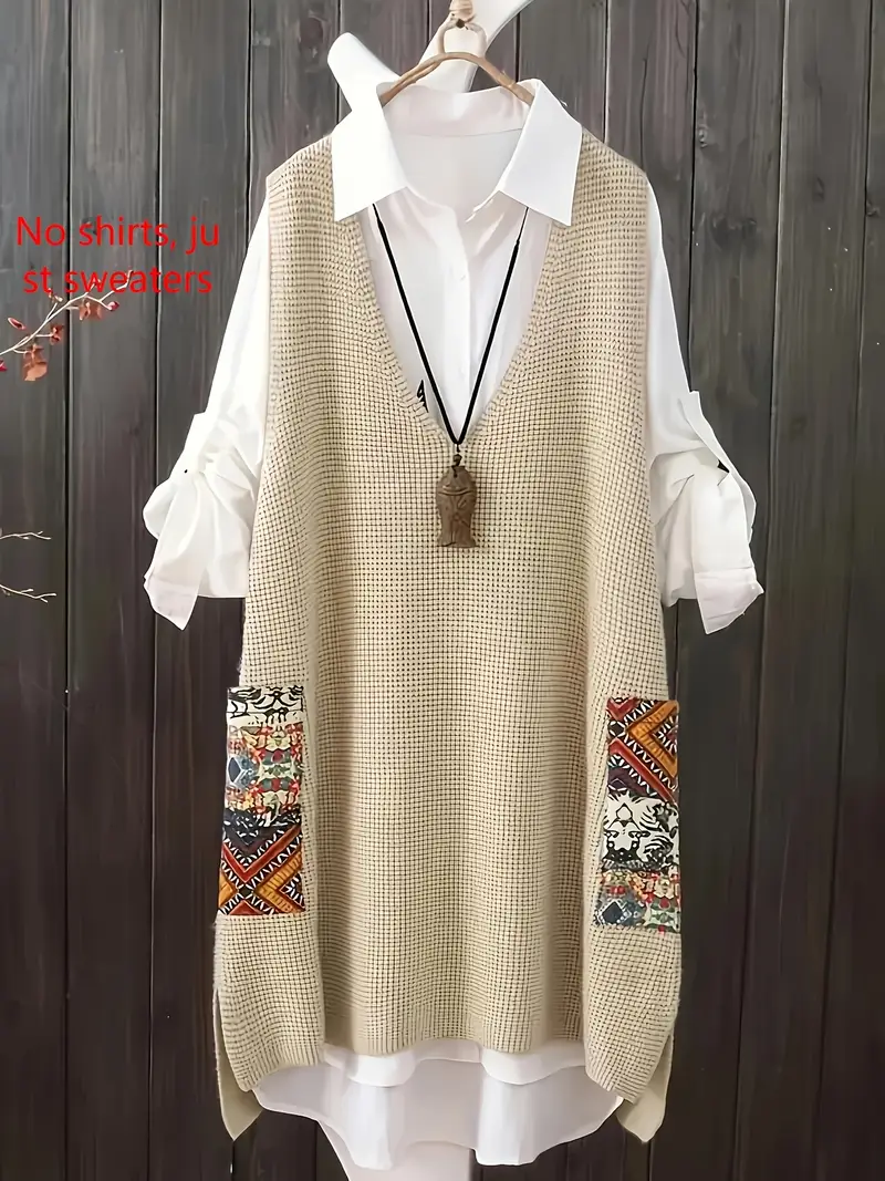 سترة نسائية أنيقة بمقاس كبير وياقة على شكل V - نمط هندسي أنيق، حافة عالية-منخفضة، سترة محبوكة بدون أكمام مع جيوب، بوليستر، مناسبة لجميع الفصول، سترات بمقاسات كبيرة