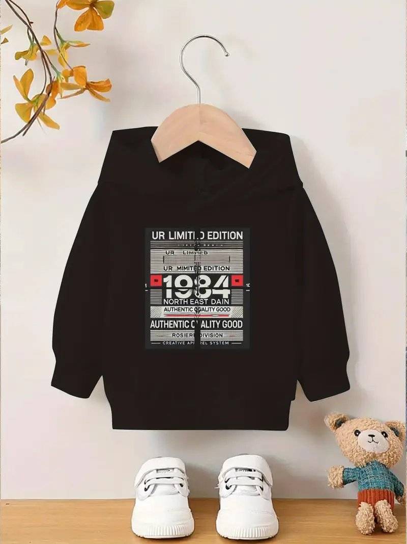 هودي بطبعة كرتونية سوداء للأولاد - إصدار محدود 194 تصميم أصلي، مطاطي وقابل للغسل في الغسالة، سويتشيرت كاجوال للربيع/الخريف