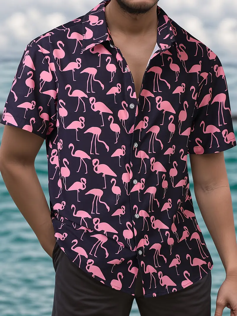 قميص صيفي كاجوال للرجال بطباعة فلامنغو، أكمام قصيرة، بوليستر 95% سبانديكس 5%، رقبة مربعة، صدر واحد، قماش منسوج، 110 جرام/م²، ملابس شاطئية فضفاضة