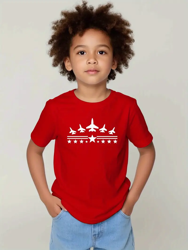 تي شيرت كاجوال برقبة طاقمية للأطفال مع طباعة طائرة، مزيج بوليستر وسباندكس، كم قصير، قمة صيفية للأولاد والبنات