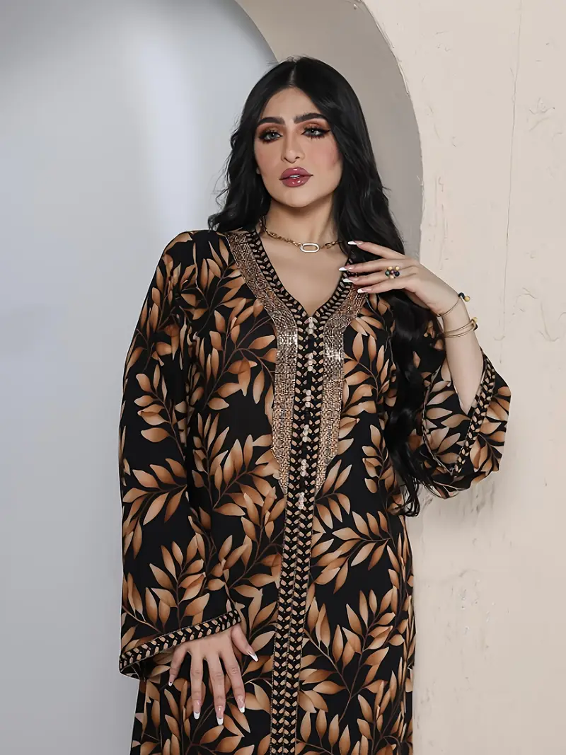 فستان قفطان بطباعة وفتحة رقبة على شكل V - الصورة 4