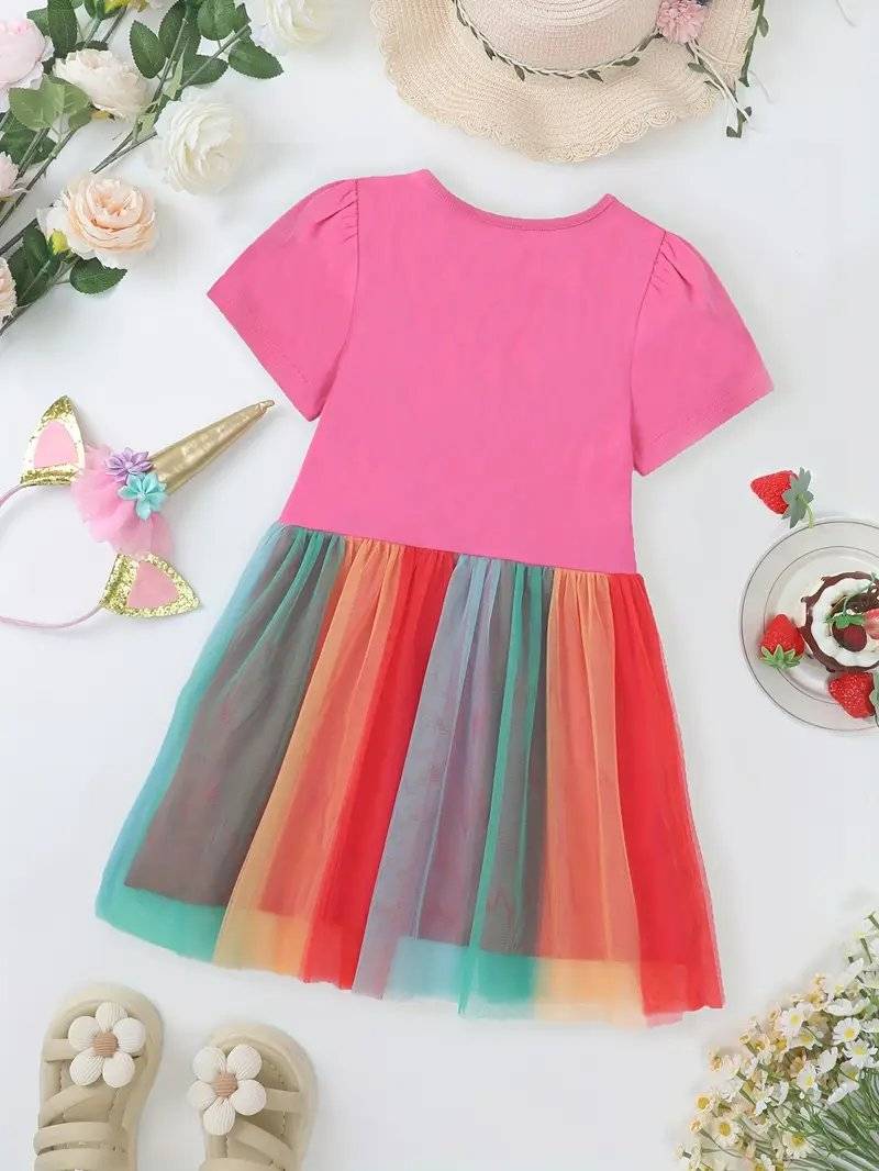 فستان صيفي قطن للبنات مزين بتطريز وحيد القرن وتنورة تول قوس قزح - الصورة 5