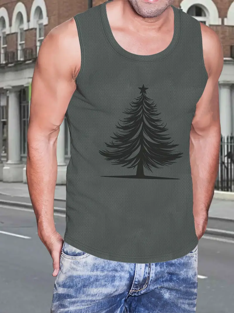 قميص رجالي بدون أكمام باللون الأزرق الداكن مع تصميم صورة شجرة عيد الميلاد الأنيقة - مقاس قياسي، قماش بوليستر محبوك، مثالي للارتداء الكاجوال الصيفي، سترة رياضية | قميص بدون أكمام كاجوال | سترة بنسيج ناعم