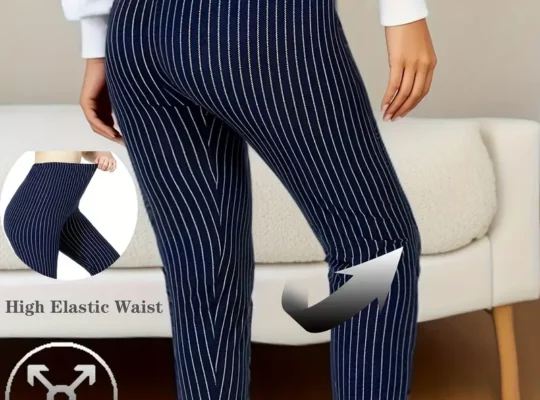 سروال نسائي عالي الخصر بتصميم مخطط من البوليستر والسباندكس