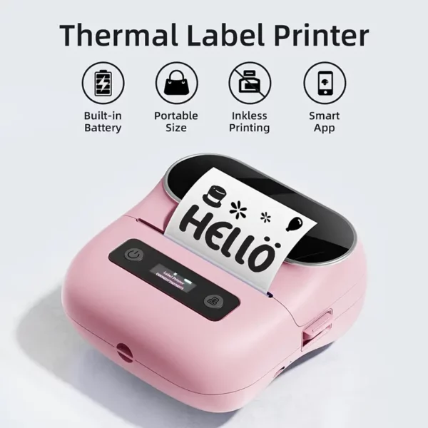 طابعة الملصقات المحمولة القابلة للشحن Hanseo M220، باللون الوردي - لاسلكية وشحن USB، متعددة الوظائف للرموز الشريطية، بطاقات الأسعار، البيع بالتجزئة والملصقات، تشمل تصميم احتفالي للكريسماس، تدعم عرض 20-75مم، مع لفة واحدة من الملصقات البيضاء 40x30مم
