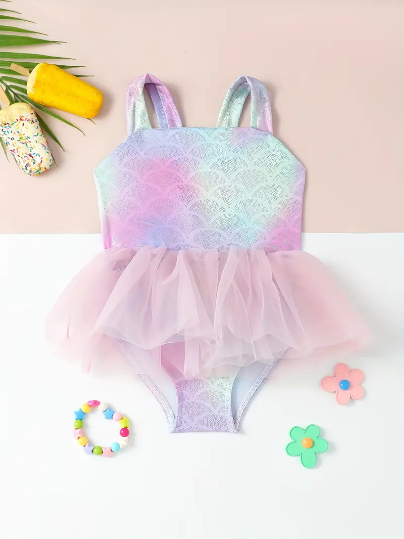 فتيات صغيرات أميرات ملابس سباحة قطعة واحدة بطباعة قشور السمك تنورة شبكية لطيفة ملابس سباحة، ملابس سباحة لطيفة لقضاء العطلات على الشاطئ للفتيات