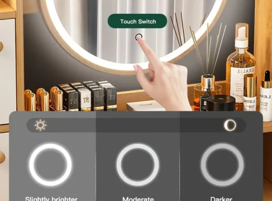 طاولة مكياج خشبية بيضاء عصرية مع إضاءة LED، تخزين ذو طابقين ورف مفتوح،