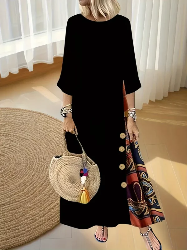 فستان نسائي كاجوال بأكمام طويلة وتصميم ملون مع تفاصيل أزرار - ياقة دائرية، قماش مطاطي، قابل للغسل في الغسالة - مثالي للخريف/الشتاء