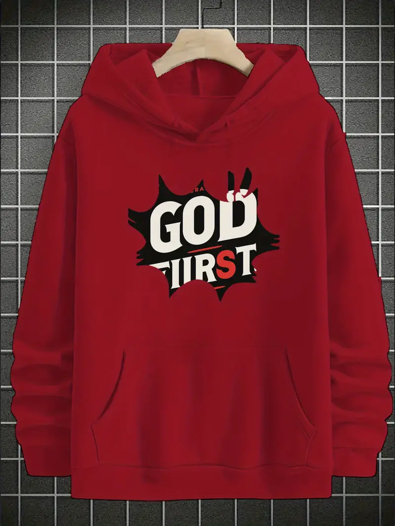 هودي رجالي بطباعة 'الله أولاً'، أنيق وعصري بأكمام طويلة، مقاس عادي، مناسب لفصول الربيع والخريف، عيد الحب