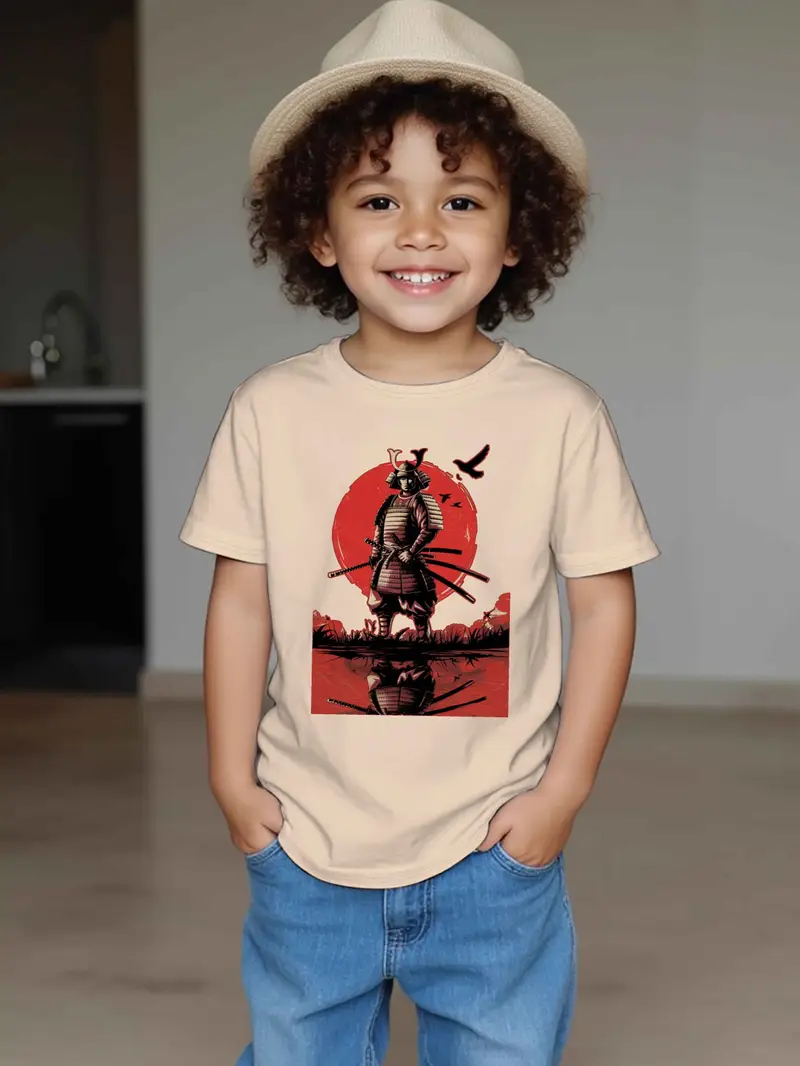 قميص قصير الأكمام العصري الجديد للأطفال والبنات في صيف 2024، قميص بأكمام قصيرة وياقة مستديرة مطبوع عليه رسومات للأطفال