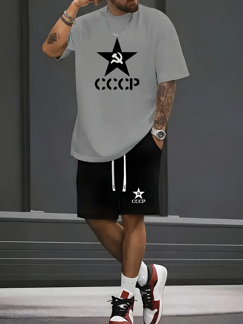 طقم رياضي عادي مكون من قميص رجالي بأكمام قصيرة وطبعة نجوم وشورت بحزام خصر 2 قطع، مناسب لمطابقة الربيع والصيف