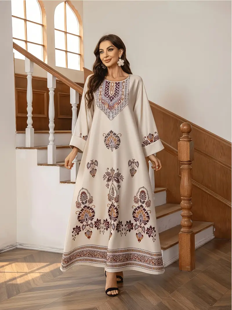 فستان نسائي شرقي أنيق - بيج مع نقشات زهور