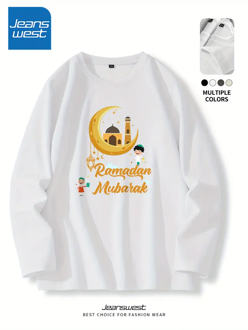 تي شيرت رجالي بأكمام طويلة من جينز ويست، قمصان كاجوال برقبة طاقمية مطبوعة