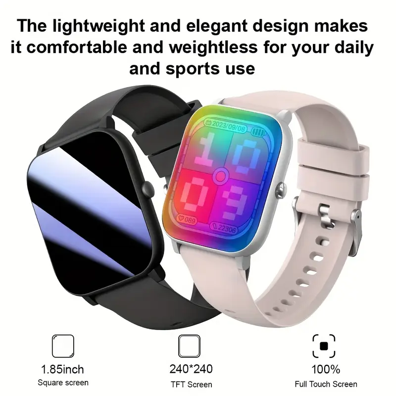 ساعة رياضية ذكية EYMU 1.85 بوصة، كرونوغراف، علبة بلاستيكية مربعة، حزام سيليكون، لاسلكية، بطارية ليثيوم قابلة لإعادة الشحن، تتبع الصحة والنوم، عداد الخطوات، مراقبة التمرين، متوافقة مع Android 5.0/IOS 10.0، جهاز تتبع اللياقة البدنية