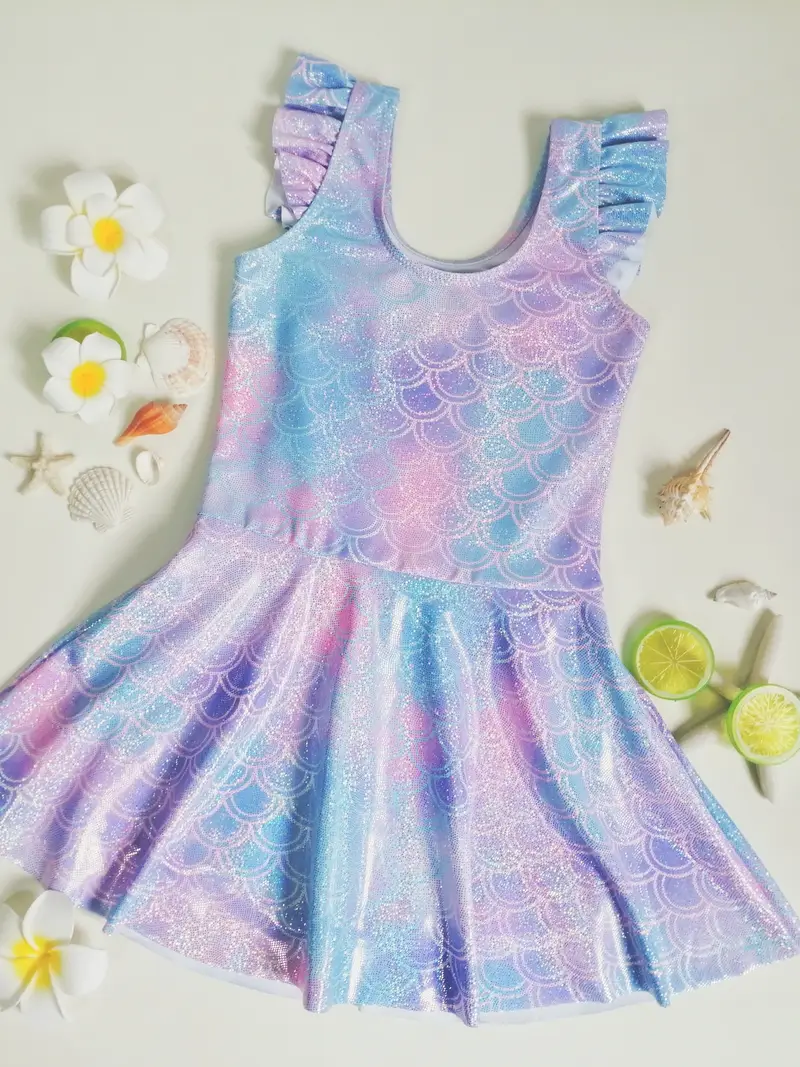 بدلة سباحة للفتيات بطبعة قشور السمك المتدرجة مع كشكشة، بدون أكمام، قطعة واحدة للعطلة الصيفية على الشاطئ