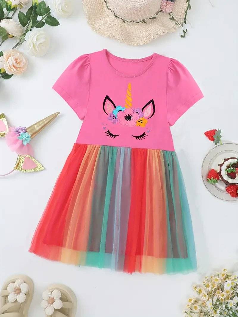 فستان صيفي قطن للبنات مزين بتطريز وحيد القرن وتنورة تول قوس قزح، ياقة دائرية، أكمام قصيرة، بطول الركبة، بأسلوب أميرة غير رسمي، للأعمار من 2 إلى 7 سنوات