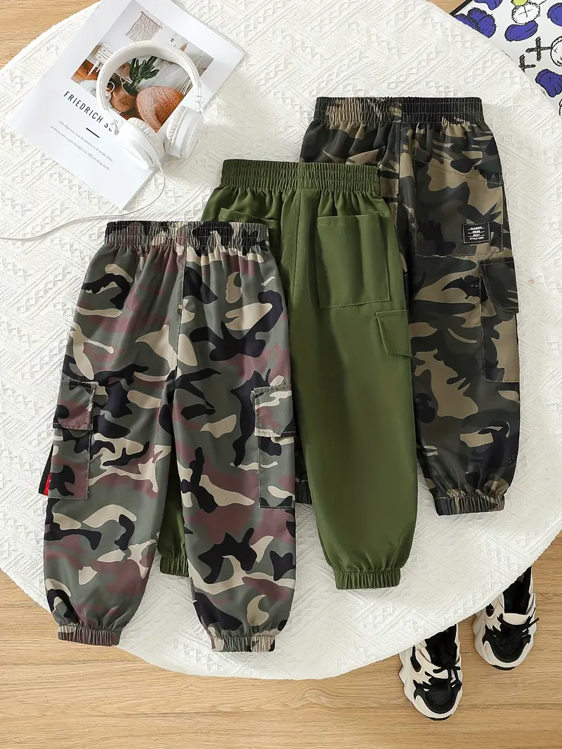 3-علبة بنطلونات كارجو للأولاد، 2024 تصميم عصري بخصر مطاطي طويل، تصميم متعددة الجيوب، قماش بوليستر 100%