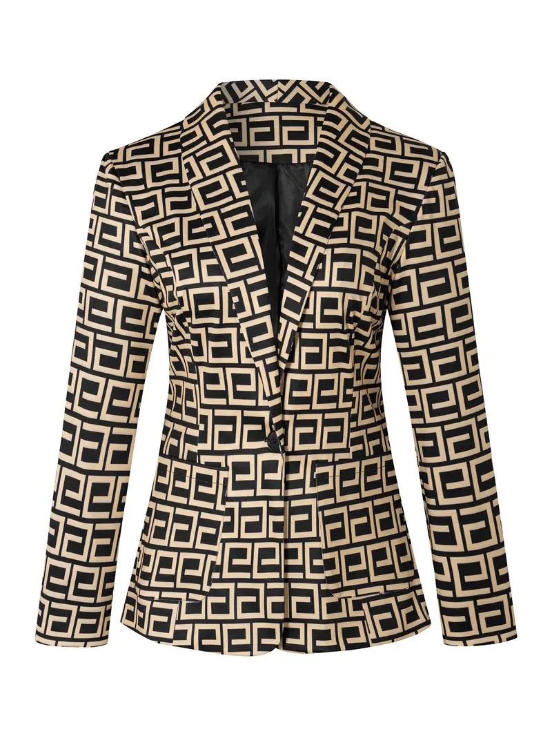 سترة أنيقة بمقاسات كبيرة للنساء - بيج وأسود بنقشة هندسية، أكمام طويلة، بوليستر، بأزرار وياقة لابيل، قابلة للغسل في الغسالة، ملابس خارجية عادية|سترة شيك عادية|تصميم منظم